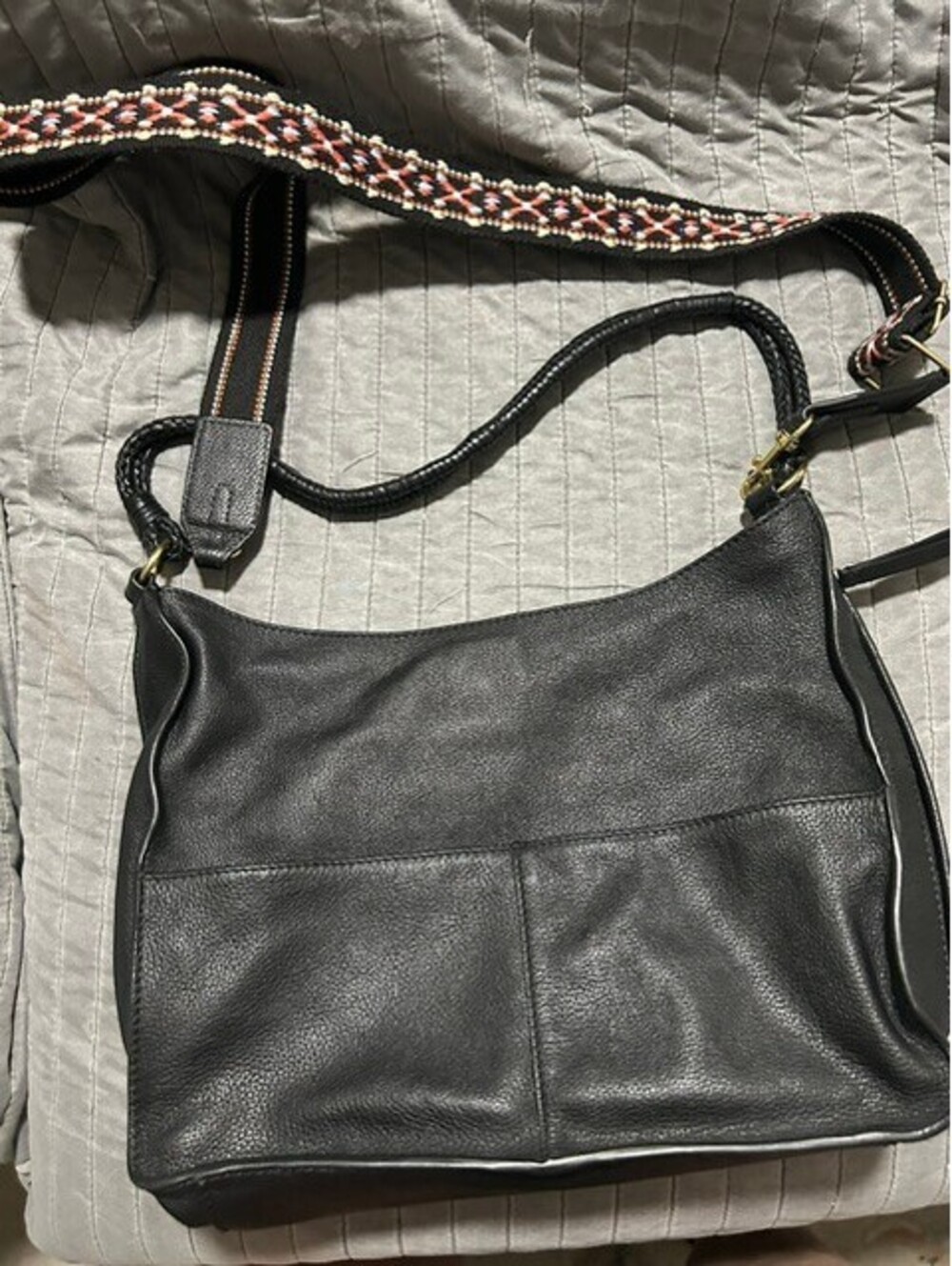 Lucky Brand Black Leather Shoulder Bag with Patterned Strap